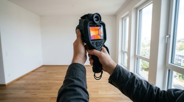 Person hands holding black handheld device Real estate professional using a digital laser distance meter