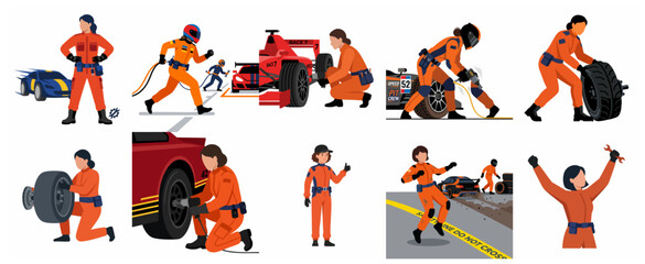 Obraz premium Professional female pit crew characters set performing car maintenance and tire changes during motorsport racing event