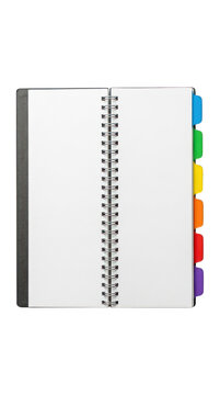 Open Spiral Notebook with Colorful Index Tabs.