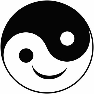 A yin yang symbol is depicted with a happy smiley face.