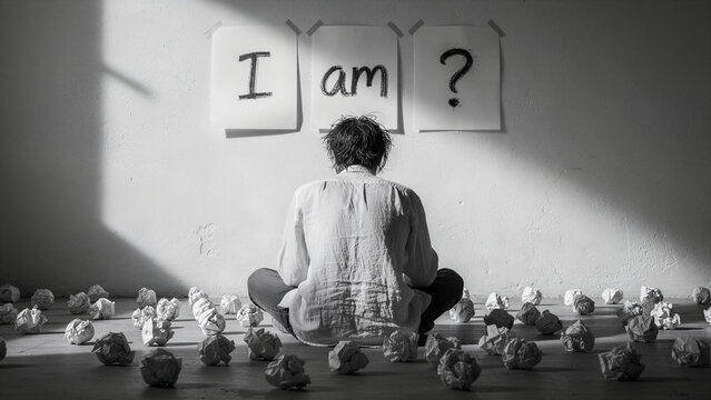 Person sitting on floor facing posters asking I am? Individual surrounded by crumpled papers in a moody monochrome room. Identity crisis and mental health concept for editorial or therapy ads.