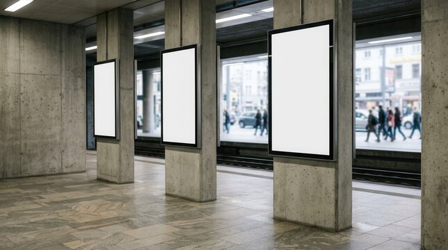 Subway station three blank billboards hanging Clear Billboard in public place with copy space screen