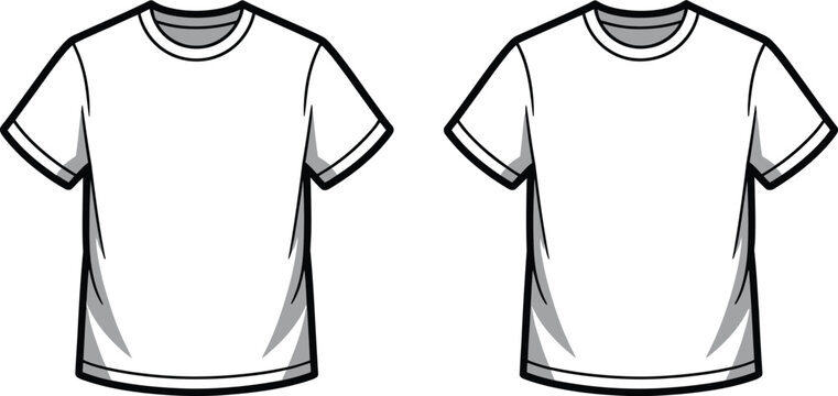 Cad technical black and white of two plain t-shirts, front view clothing fashion apparel