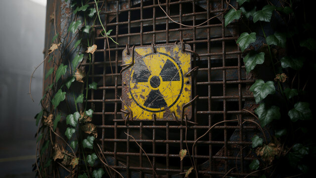 Rusty radiation warning sign on a metal grate with overgrown ivy. Weathered nuclear symbol in an abandoned industrial setting. Decay and contamination theme for environmental hazard marketing.