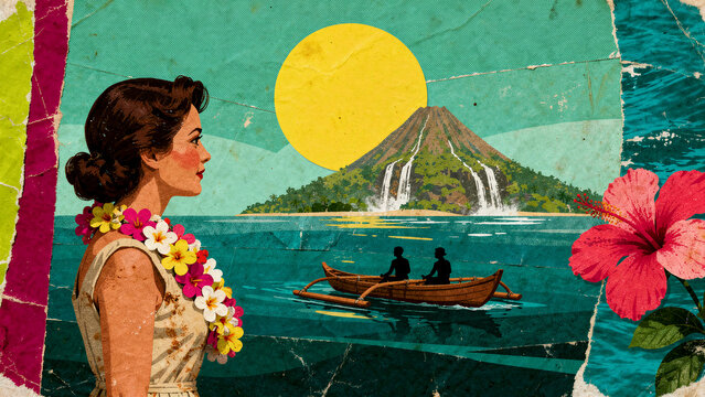 Woman wearing floral lei looking at a tropical island with volcano and outrigger boat. Vintage paper collage illustration with waterfalls, hibiscus, and sun. Retro exotic vacation theme for travel.