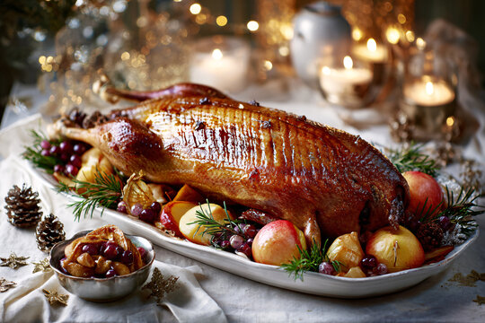 Whole roasted goose with baked apples and cranberries served as a festive traditional Russian holiday dinner