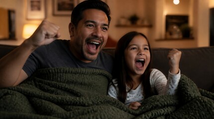 Fototapeta premium Excited father and daughter cheering while watching television at home.