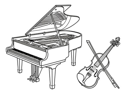 Elegant Grand Piano with Violin and Bow for Classical Music Performance.