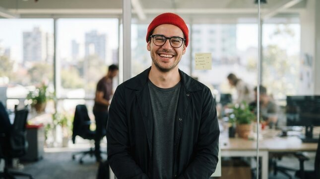 Portrait young man big smile his Cheerful caucasian hipster guy in trendy eyewear satisfied with creative