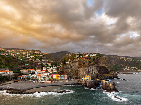 Aerial view of Ponta do Sol village and beach in Madeira Portugal