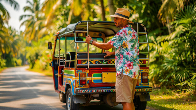 Man in floral shirt standing by colorful tuk-tuk. Tourist with straw hat exploring tropical destination. Vacation travel concept, ideal for tourism marketing.