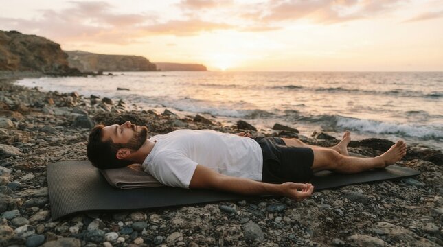 Young man lying black yoga mat Bearded with closed eyes lysing and resting during pastime