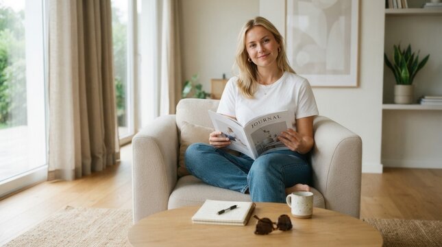 Young woman sitting white armchair living Happy reading magazine on sofa in room