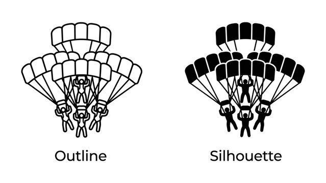 Parachutist Formation: Two distinct illustrations depict groups of parachutists in mid-air, one in outline style and the other in silhouette, showcasing formation skydiving.