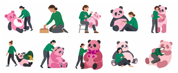 Fototapeta premium Vector illustration set of a woman repairing, caring for and relaxing with a giant pink panda plush toy