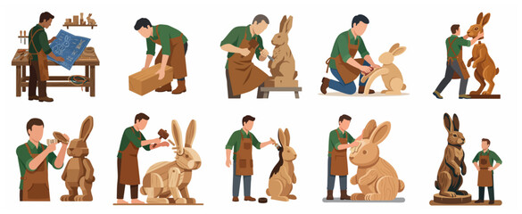 Fototapeta premium Woodworker crafting wooden rabbit sculptures process set, carpentry workshop illustration of a man carving and painting bunny figures