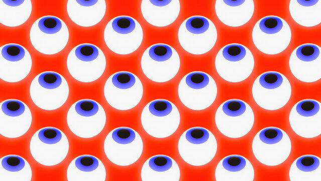Cartoon blue eyeball pattern on red background for surveillance