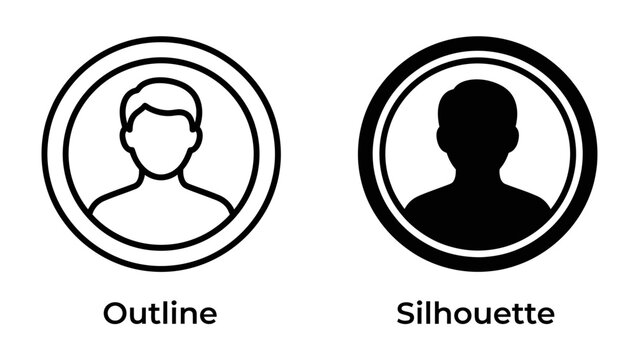 User Profile Icons: A clear outline and a solid silhouette of a user icon, representing profile picture or avatar, presented side-by-side for contrast and clarity.