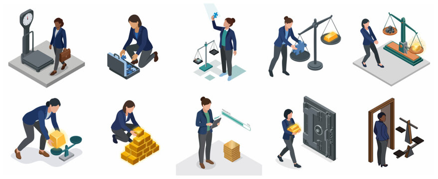 Isometric Businesswoman and Finance Concept Set with Gold Bars, Scales, and Strategy Illustrations