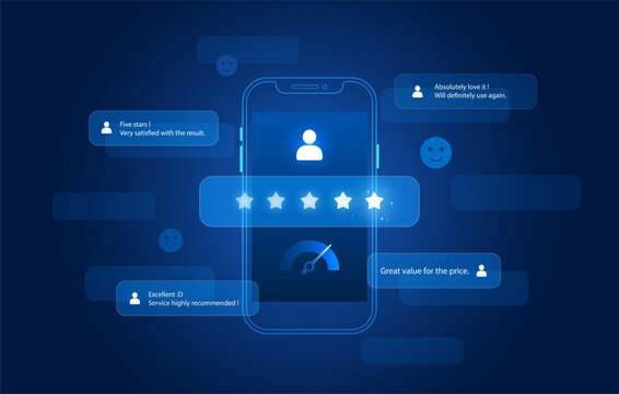 Vector Customer satisfaction feedback and star rating review for quality service on mobile smartphone isolated on blue background