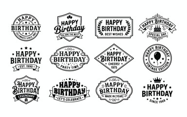 Obraz premium Vintage Happy Birthday Logo Badges and Emblem Label Collection in Retro Black and White Vector Style
