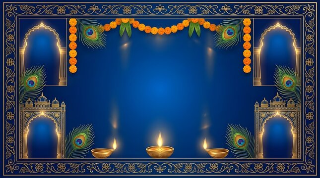 Mysore Dasara festival background with traditional diya lamps and peacock feathers