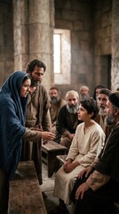 Fototapeta premium Virgin Mary and Joseph finding the boy Jesus sitting in the temple among the teachers. Biblical scene of Jesus in Jerusalem at twelve years old. Religious narrative from Luke chapter 2.
