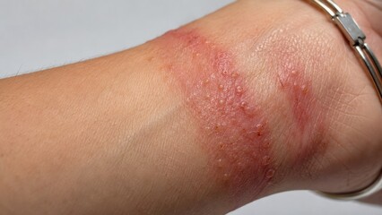 Fototapeta premium Close-up of skin irritation rash with redness and blister formation on inner wrist area of human arm