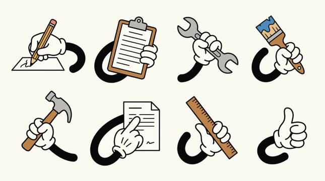 Cartoon White Gloved Hands Holding Various Tools and Office Supplies Set