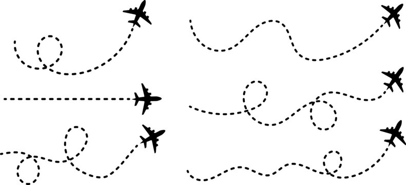 Airplane flight path icons with dotted route lines and travel trails.