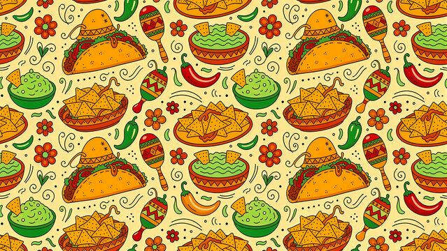 Seamless pattern of Mexican food featuring tacos, nachos, and guacamole doodles. Vibrant hand-drawn style includes maracas and chili peppers. Festive fiesta theme ideal for menus and textiles.