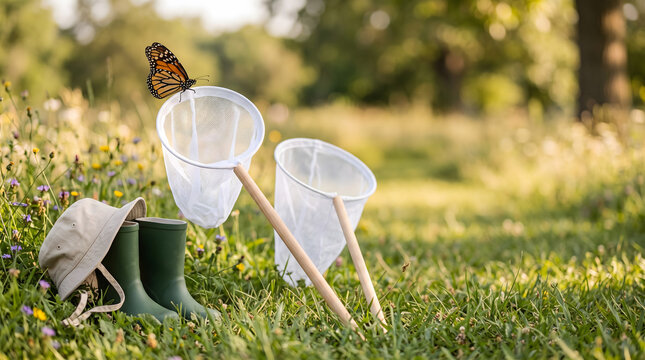 Monarch butterfly on catching net with rubber boots in sunny summer meadow