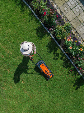 Woman with lawn mower standing in back yard