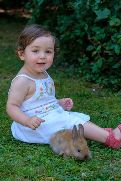 Portrait of content baby girl sitting on a meadow with young rabbit