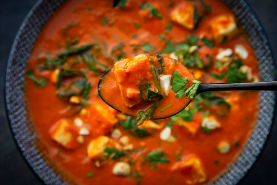 Close up of a spoonful of Indian halloumi korma curry