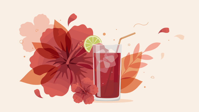 Iced hibiscus tea glass with red flower bloom &ndash; Ideal for herbal tea marketing, summer beverage packaging, or floral drink ads.