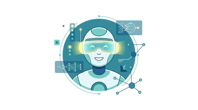 Futuristic friendly AI robot avatar wearing glowing VR visor with data visualization icons flat vector illustration.