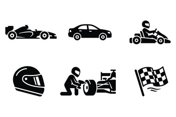 Fototapeta premium Motorsport and racing icons set. Formula car, go-kart, and pit stop service symbols.