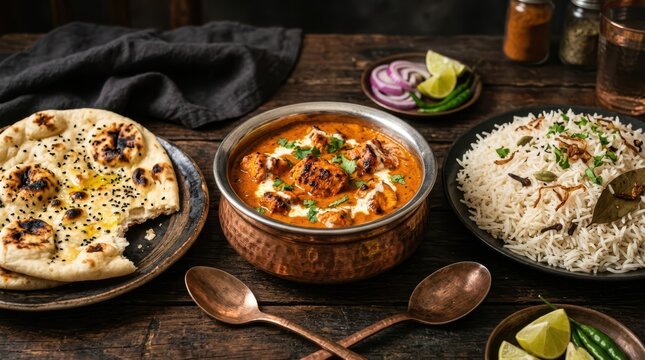 Flavorful Indian Chicken Tikka Masala with Rice and Naan Bread
