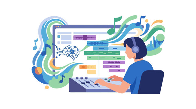 Professional sound engineer producing music using artificial intelligence on digital audio workstation flat vector illustration