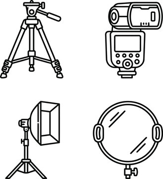 Photography equipment including camera flash reflector tripod and light modifier in clean line art vector style