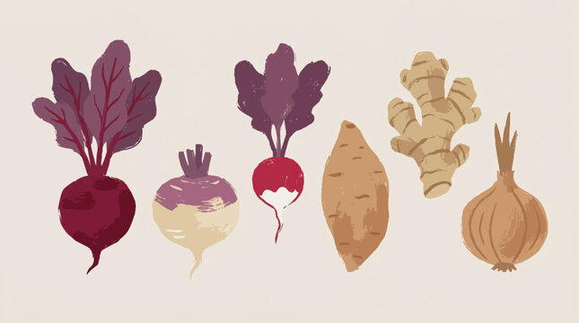 Colorful illustration of root vegetables and ginger.