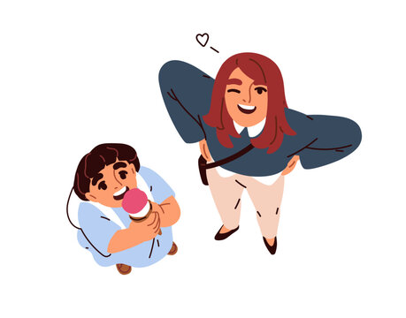 Happy people, mom and kid looking up, from above. Woman winking, girl eating ice-cream, standing with heads raised upwards, top down view. Flat vector illustration isolated on white background