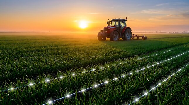 A modern tractor working in a green wheat field during a beautiful golden sunrise with dew drops reflecting the morning light in rows