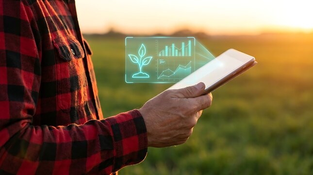 A farmer using a digital tablet to monitor crop health data with augmented reality interface while standing in a field during a golden sunset