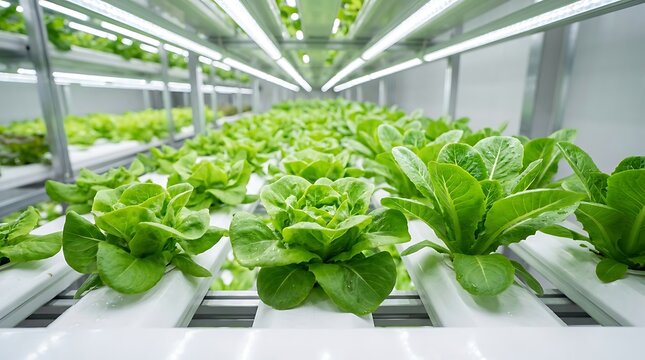 Rows of fresh green lettuce growing in a modern indoor vertical farm facility with artificial led lighting systems for sustainable commercial vegetable production