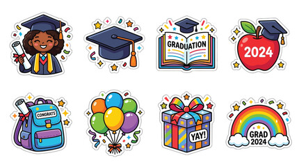 Set of cartoon graduation stickers celebrating the class of 2024 with diverse elements like students, caps, diplomas, and gifts.
