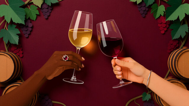 Diverse hands clinking wine glasses in paper craft style. Papercut scene with grapes and barrels on red background. Celebration concept for winery marketing and luxury events.