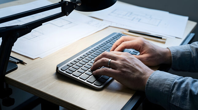Man working on architectural blueprints using a wireless keyboard at desk
