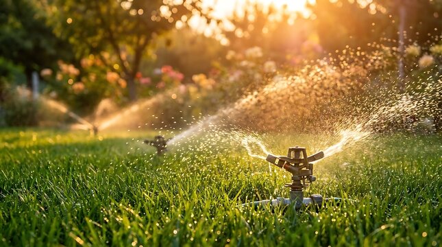 A garden sprinkler watering the green grass in a backyard during a beautiful golden hour sunset with soft sunlight glowing through the water droplets